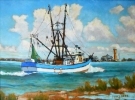 Beach scenes, shrimp boats, and coastal landscape and seascape oil paintings by Flint Reed